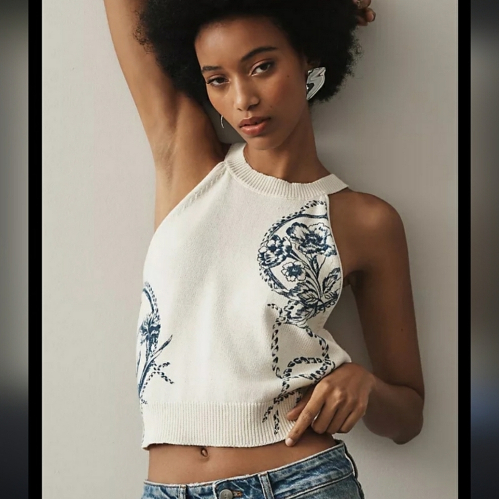 Anthropologie White Cropped Knit Halter with Blue Floral Print